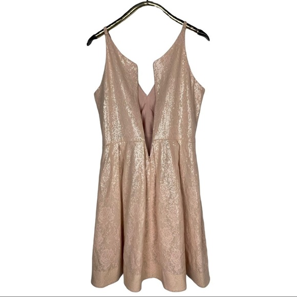 DRESS THE POPULATION COLETTE SLEEVELESS FIT & FLARE SEQUIN PINK NUDE PARTY DRESS - Picture 7 of 14